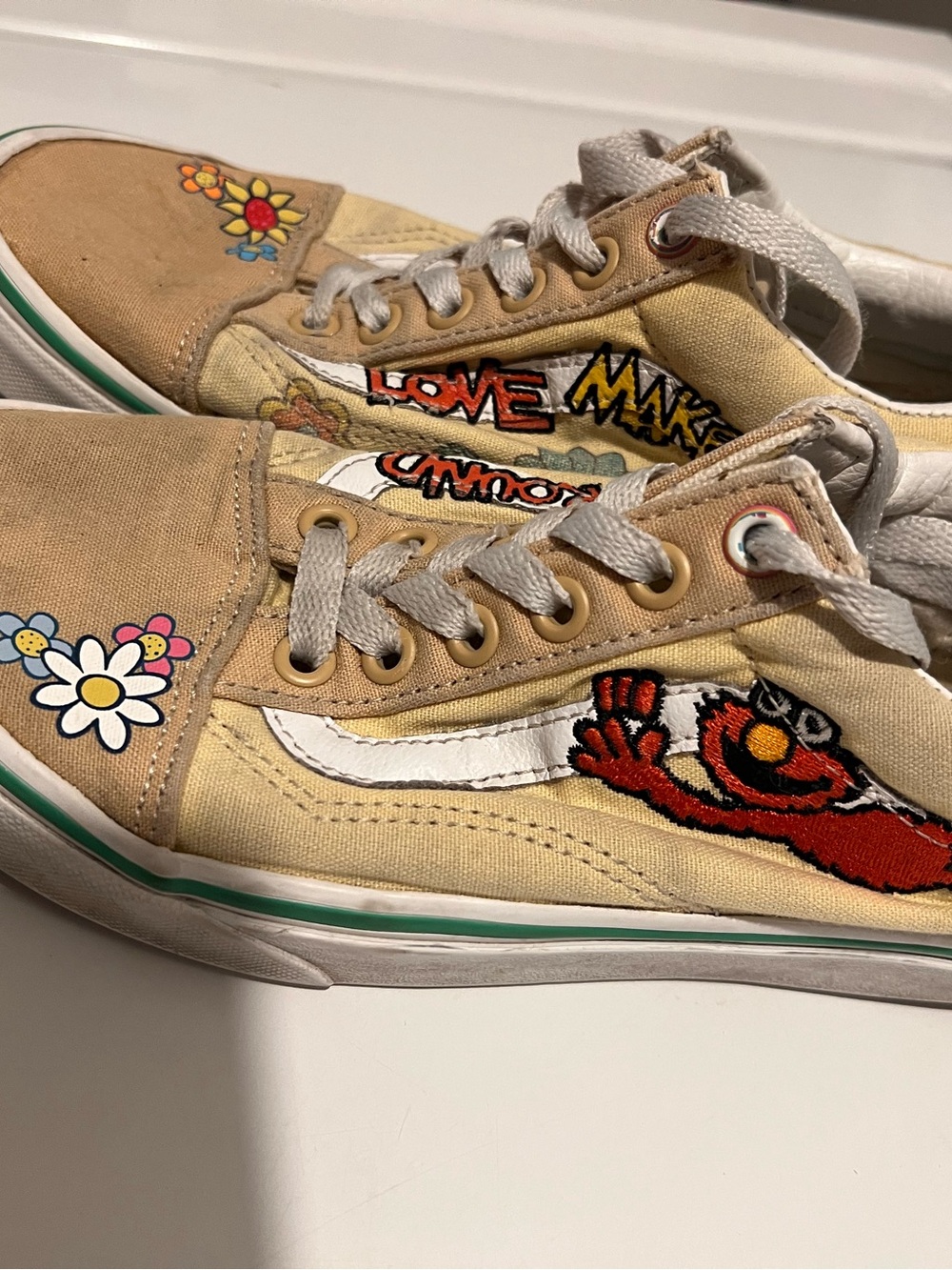 Vans Beige Canvas Low-Top Sneakers with Elmo & Flower Graphics